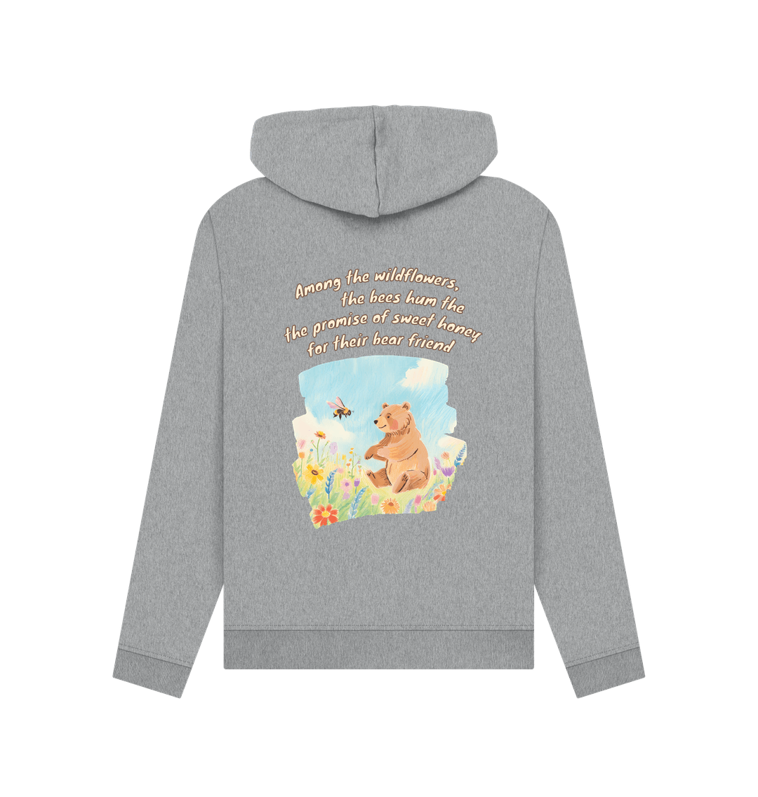 Among the wildflowers, the bees hum the promise of sweet honey for their bear friend.