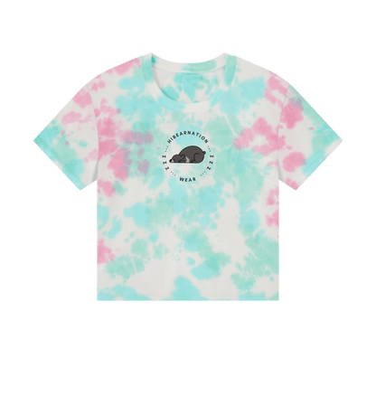 Pastel Tie Dye Moon Bear Havin' a Rest \u2013 Women's Boxy Tee \u2013 Dark Font (Light Shirt)