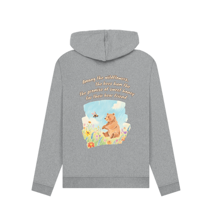 Among the wildflowers, the bees hum the promise of sweet honey for their bear friend.