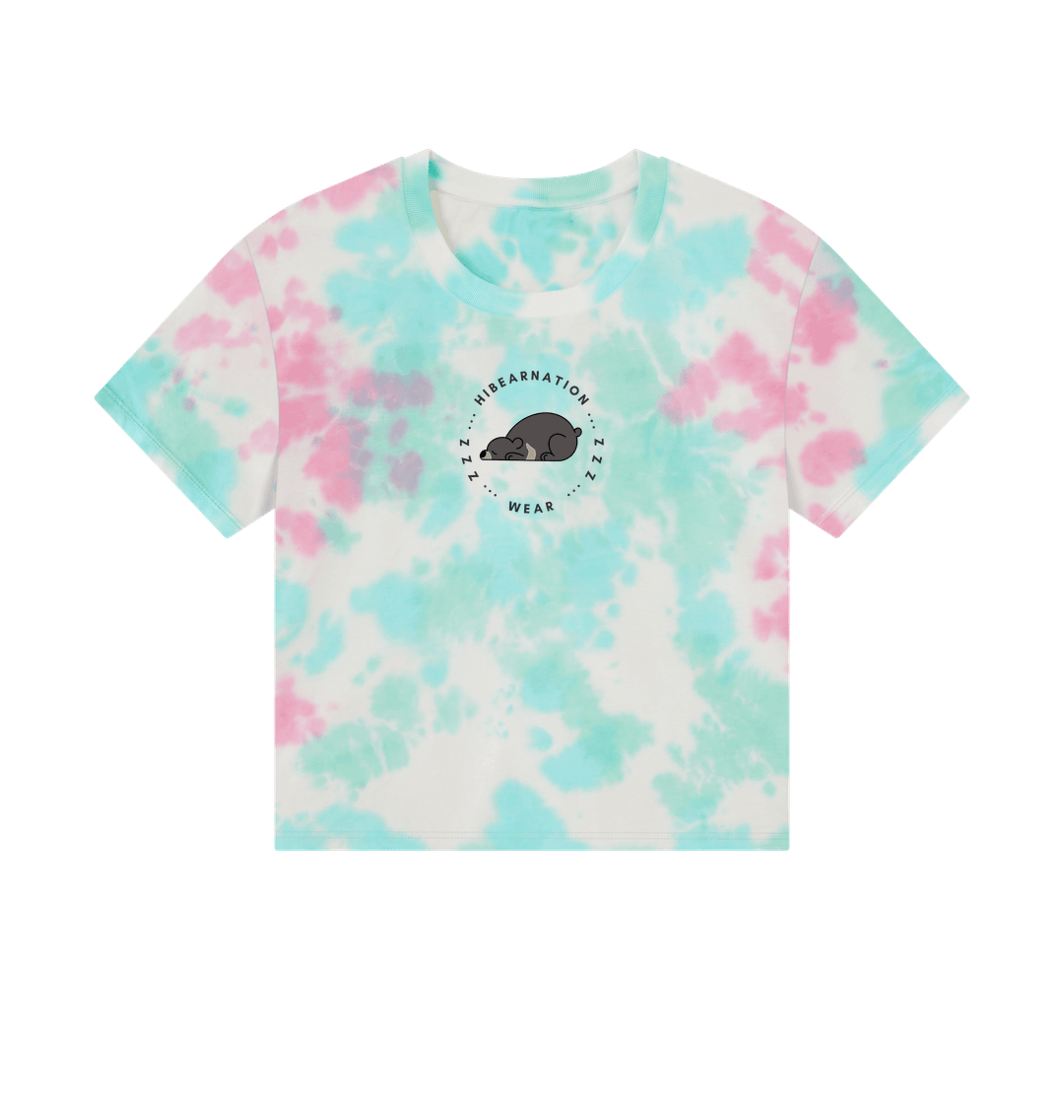 Pastel Tie Dye Moon Bear Long due Nap \u2013 Women's Boxy Tee \u2013 Dark Font (Light Shirt)