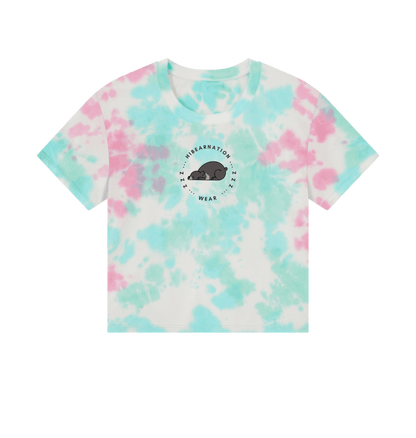 Pastel Tie Dye Moon Bear Long due Nap \u2013 Women's Boxy Tee \u2013 Dark Font (Light Shirt)