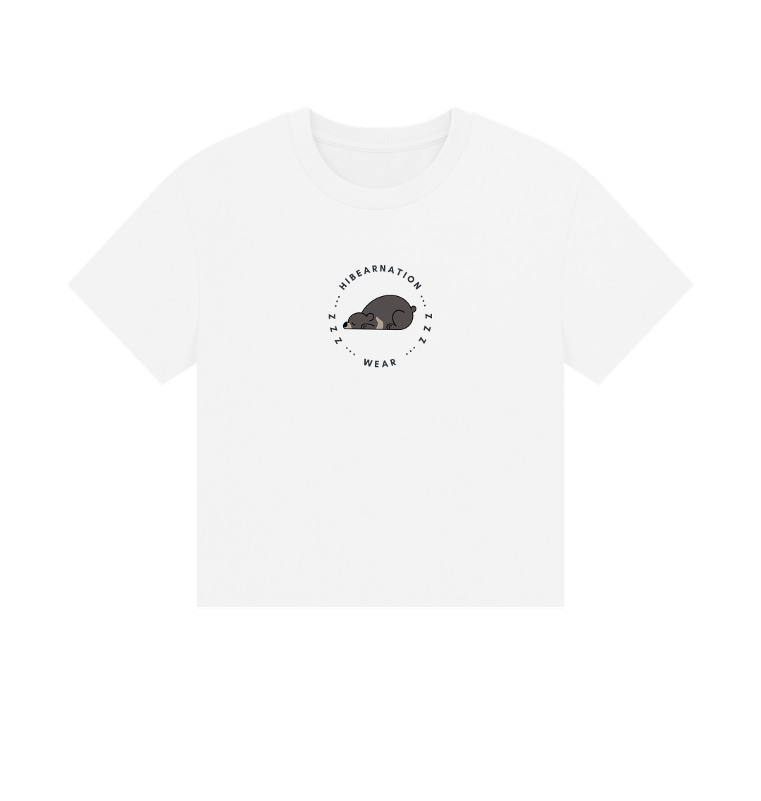 White Moon Bear Havin' a Rest \u2013 Women's Boxy Tee \u2013 Dark Font (Light Shirt)