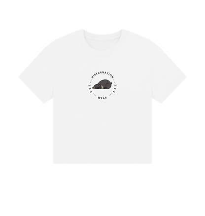 White Moon Bear Havin' a Rest \u2013 Women's Boxy Tee \u2013 Dark Font (Light Shirt)