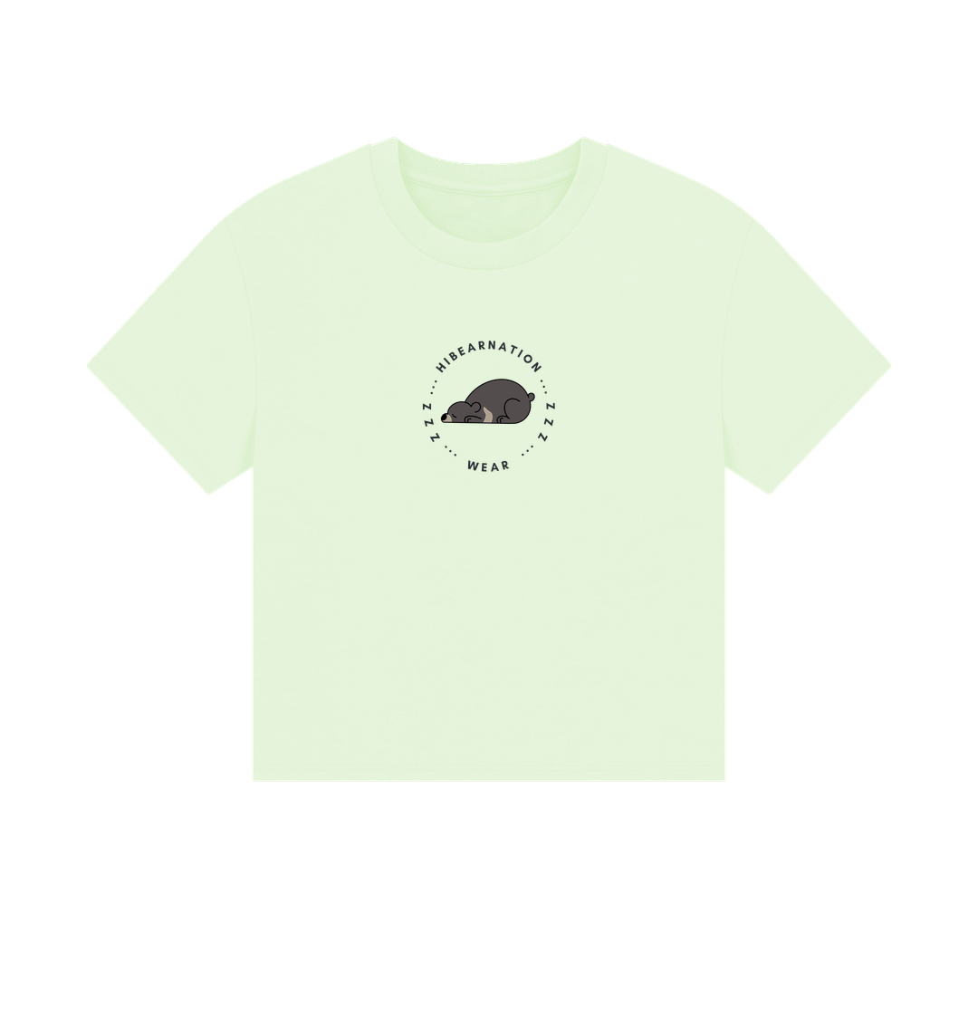 Pastel Green Moon Bear Long due Nap \u2013 Women's Boxy Tee \u2013 Dark Font (Light Shirt)
