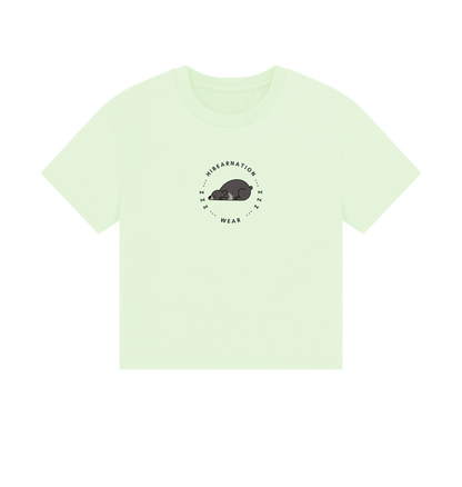 Pastel Green Moon Bear Long due Nap \u2013 Women's Boxy Tee \u2013 Dark Font (Light Shirt)