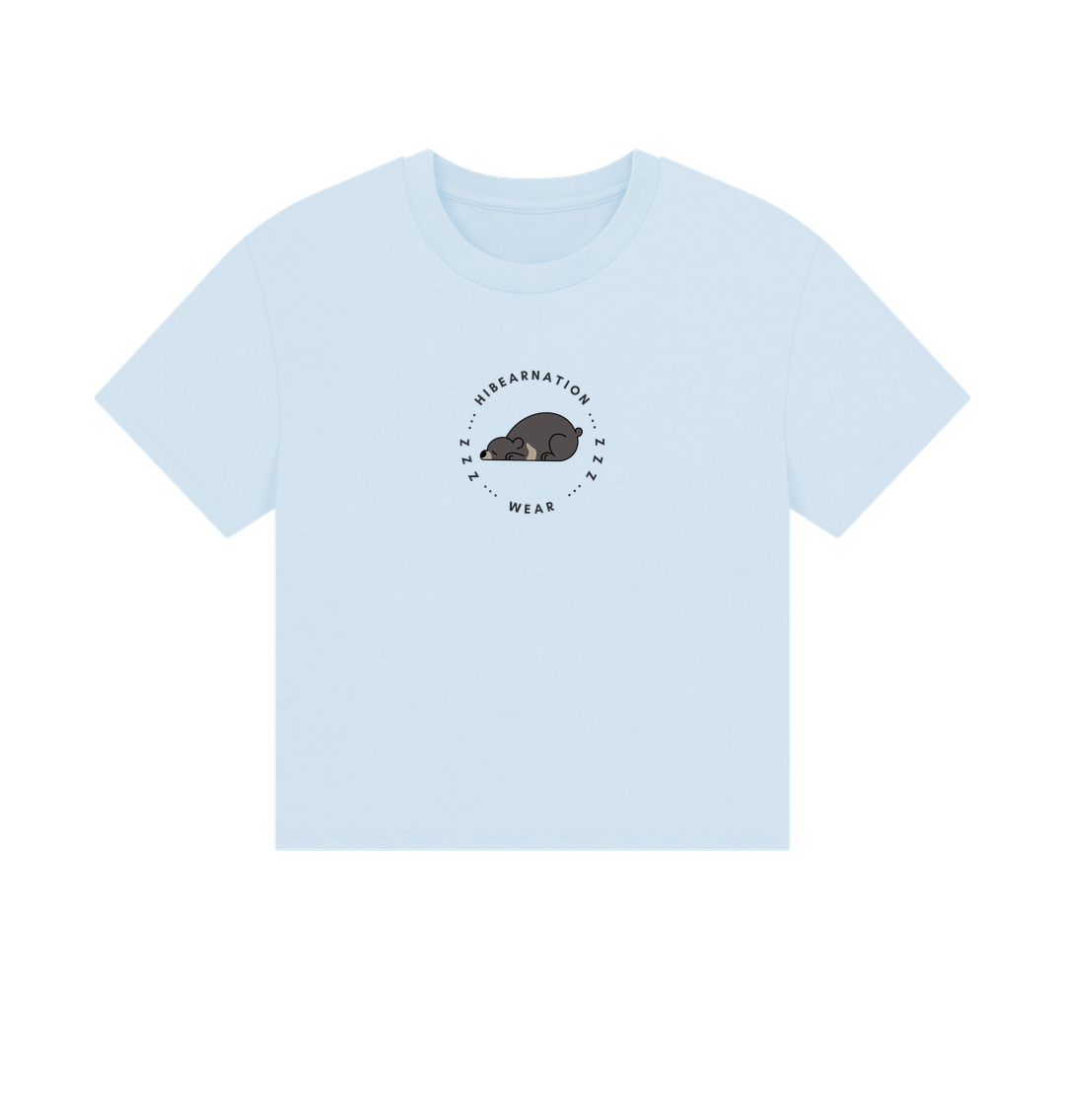 Sky Blue Moon Bear Havin' a Rest \u2013 Women's Boxy Tee \u2013 Dark Font (Light Shirt)
