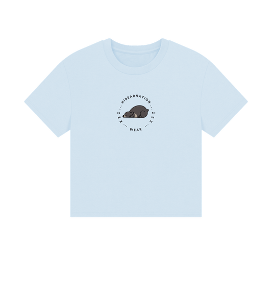 Sky Blue Moon Bear Havin' a Rest \u2013 Women's Boxy Tee \u2013 Dark Font (Light Shirt)