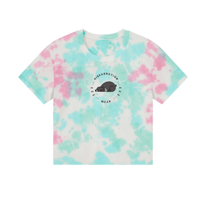 Pastel Tie Dye Moon Bear Takin' a Snooze \u2013 Women's Boxy Tee \u2013 Dark Font (Light Shirt)