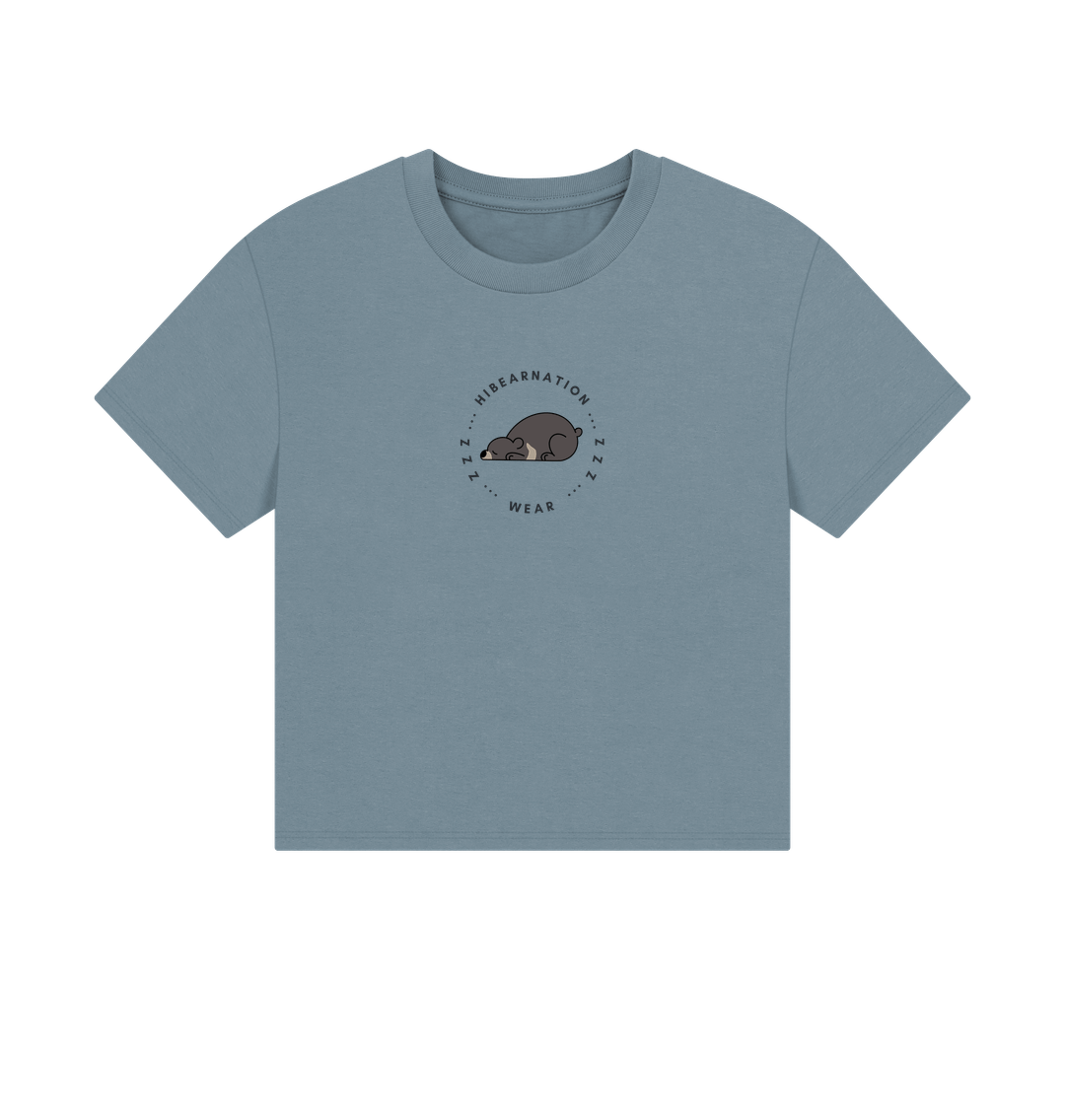 Stone Blue Moon Bear Long due Nap \u2013 Women's Boxy Tee \u2013 Dark Font (Light Shirt)