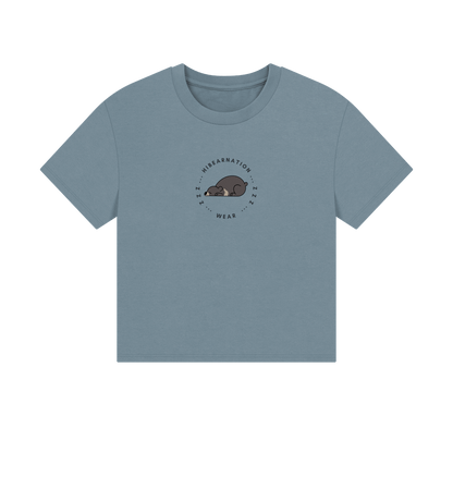 Stone Blue Moon Bear Long due Nap \u2013 Women's Boxy Tee \u2013 Dark Font (Light Shirt)