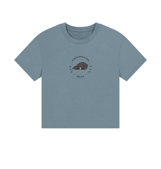 Stone Blue Moon Bear Long due Nap \u2013 Women's Boxy Tee \u2013 Dark Font (Light Shirt)