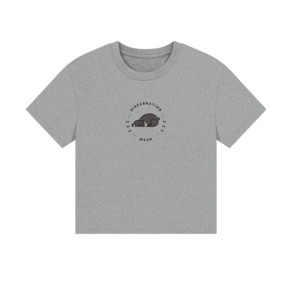 Athletic Grey Moon Bear Long due Nap \u2013 Women's Boxy Tee \u2013 Dark Font (Light Shirt)