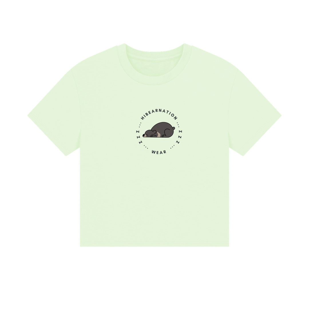 Pastel Green Moon Bear Takin' a Snooze \u2013 Women's Boxy Tee \u2013 Dark Font (Light Shirt)