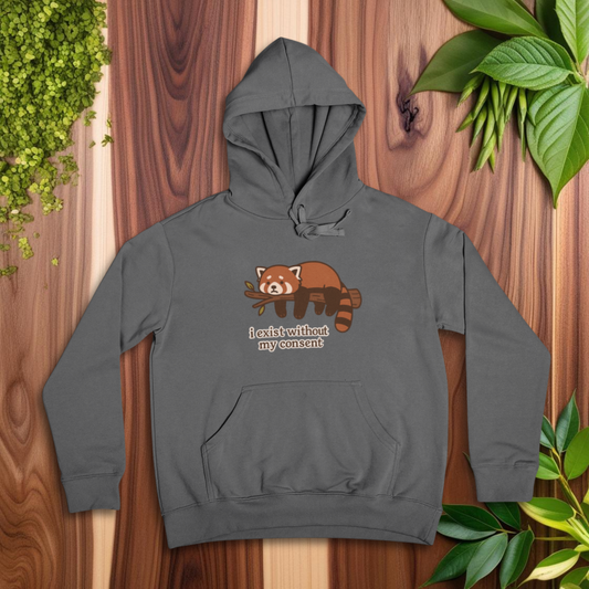 Gray hoodie with a red panda graphic and text on a wooden surface with plants.