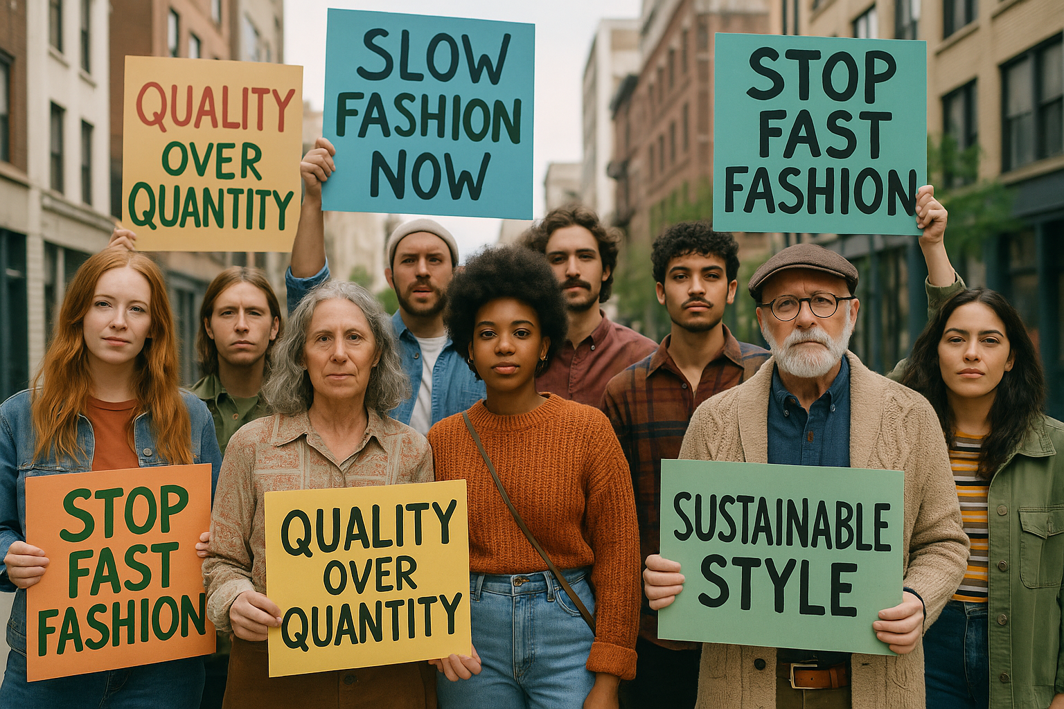 a group of protestors fighting fast fashion