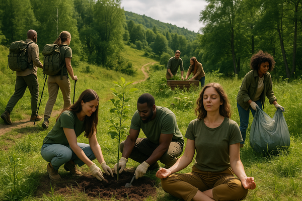 a photo of people doing humanitarian and healthy work and activities with hiking, and being one with nature. green living