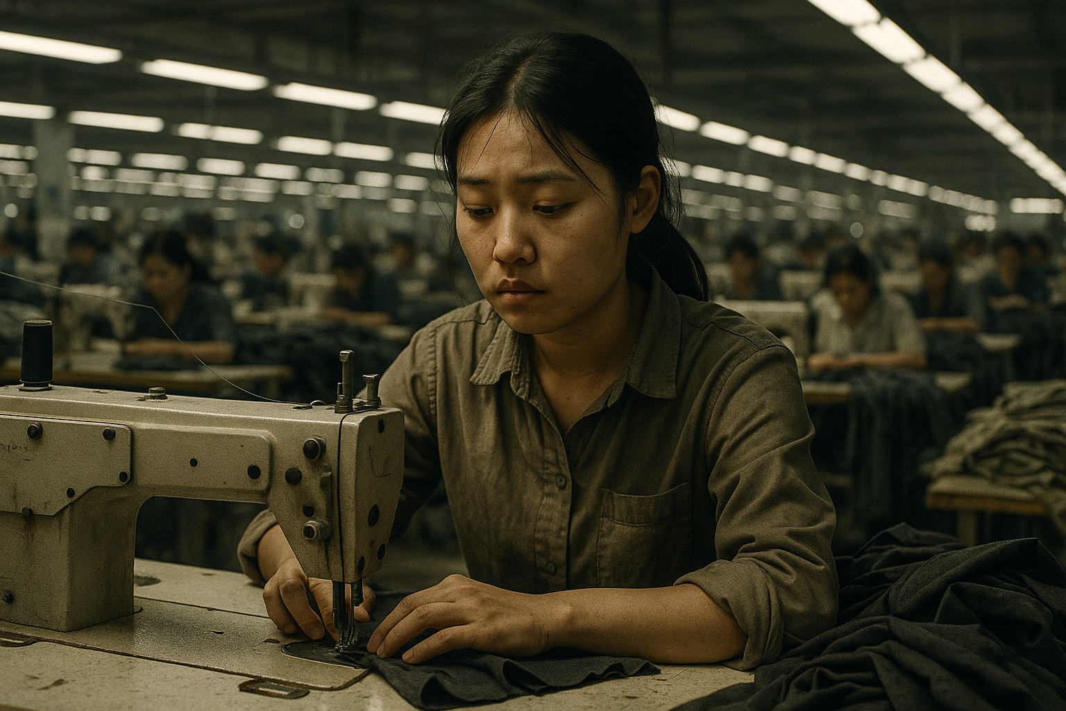 a sad image of a young girl working as a seamstress at a fast fashion warehouse in ease asia