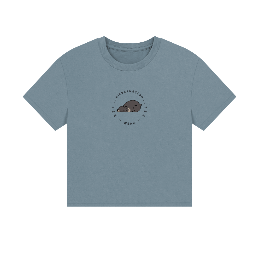 Stone Blue Moon Bear Havin' a Rest \u2013 Women's Boxy Tee \u2013 Dark Font (Light Shirt)