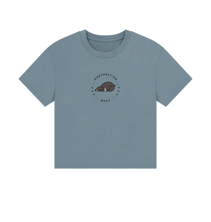 Stone Blue Moon Bear Havin' a Rest \u2013 Women's Boxy Tee \u2013 Dark Font (Light Shirt)