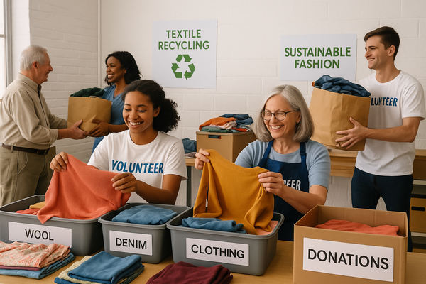 an image on people donating and volunteering, donating clothes and fabrics to be recycled into new clothes