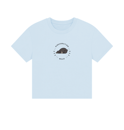 Sky Blue Moon Bear Long due Nap \u2013 Women's Boxy Tee \u2013 Dark Font (Light Shirt)